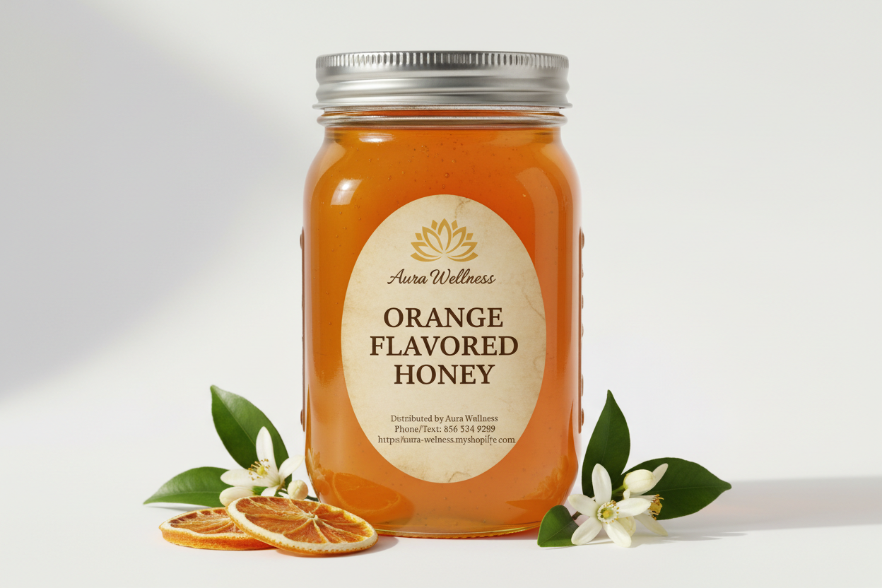 A high-resolution product mockup of the Aura Wellness honey. 1lb glass mason jar with lid and a vertical oval label that says 'ORANGE FLAVORED HONEY' All labels have a vintage cream parchment background, the Aura Wellness lotus logo at the top, and elegant traditional serif font." Add Distributed by Aura Wellness. Phone/Text: 856 534 9289 https://aura-wellness.myshopify.com
