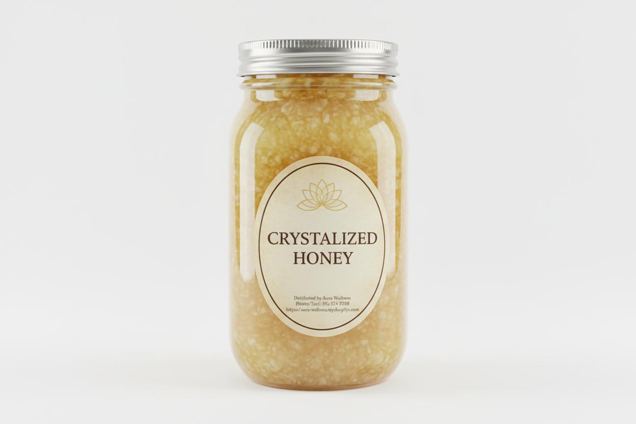 A high-resolution product mockup of the Aura Wellness honey. 4lb glass mason jar with lid and a vertical oval label that says 'CRYSTALLIZED HONEY' All labels have a vintage cream parchment background, the Aura Wellness lotus logo at the top, and elegant traditional serif font." Add Distributed by Aura Wellness. Phone/Text: 856 534 9289 https://aura-wellness.myshopify.com
