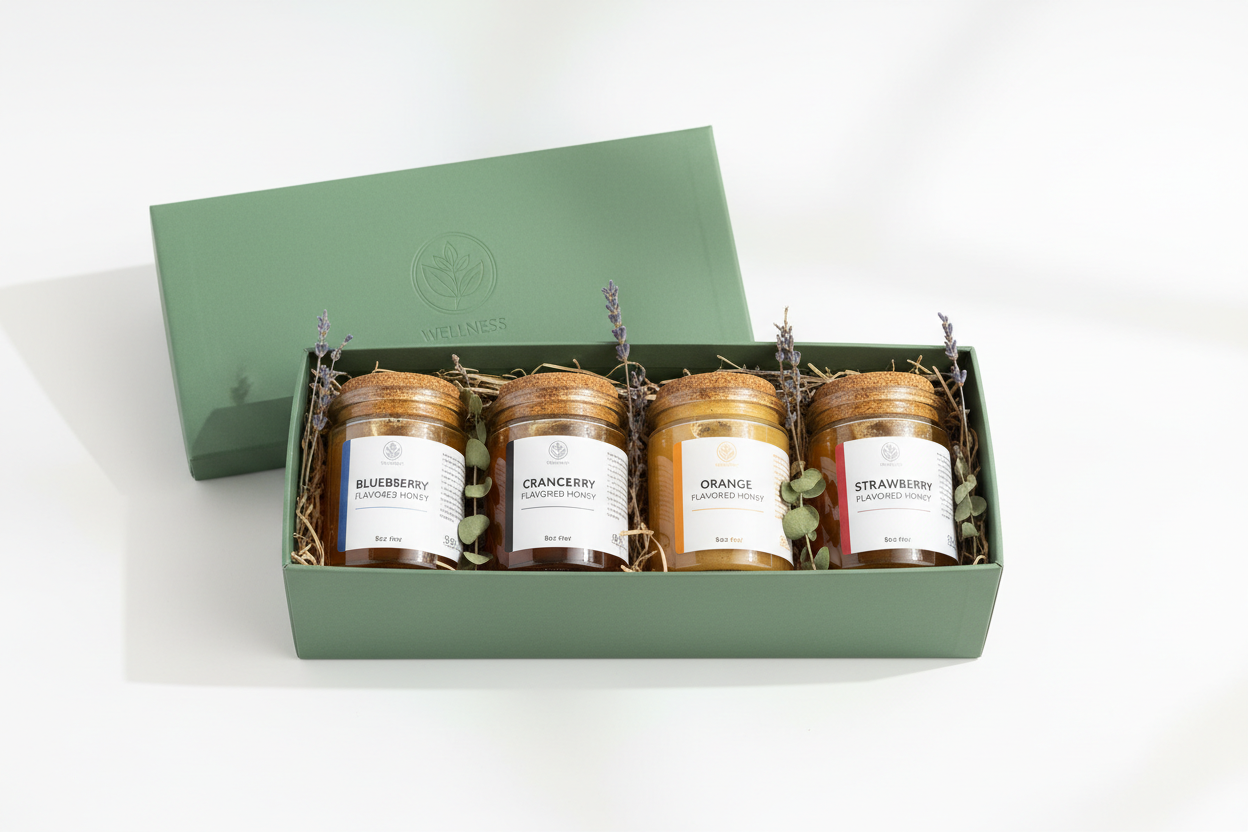 Create green wellness gift box to include these 4 in 1 Flavored Honey collection in 8oz: Blueberry Flavored, Cranberry Flavored, Orange flavored, Strawberry Flavored