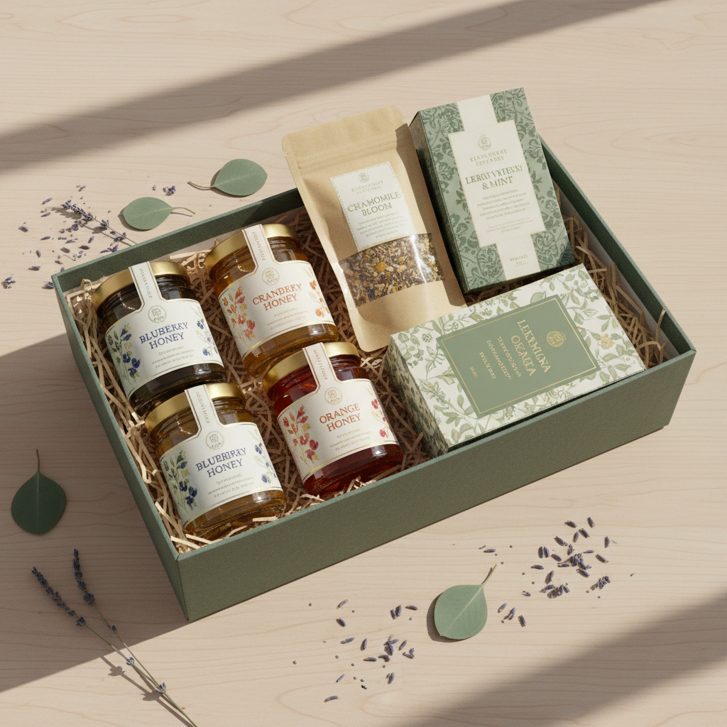 Create green wellness gift box to include these varieties of honey and herbal tea: Blueberry, Cranberry, Orange and herbal tea