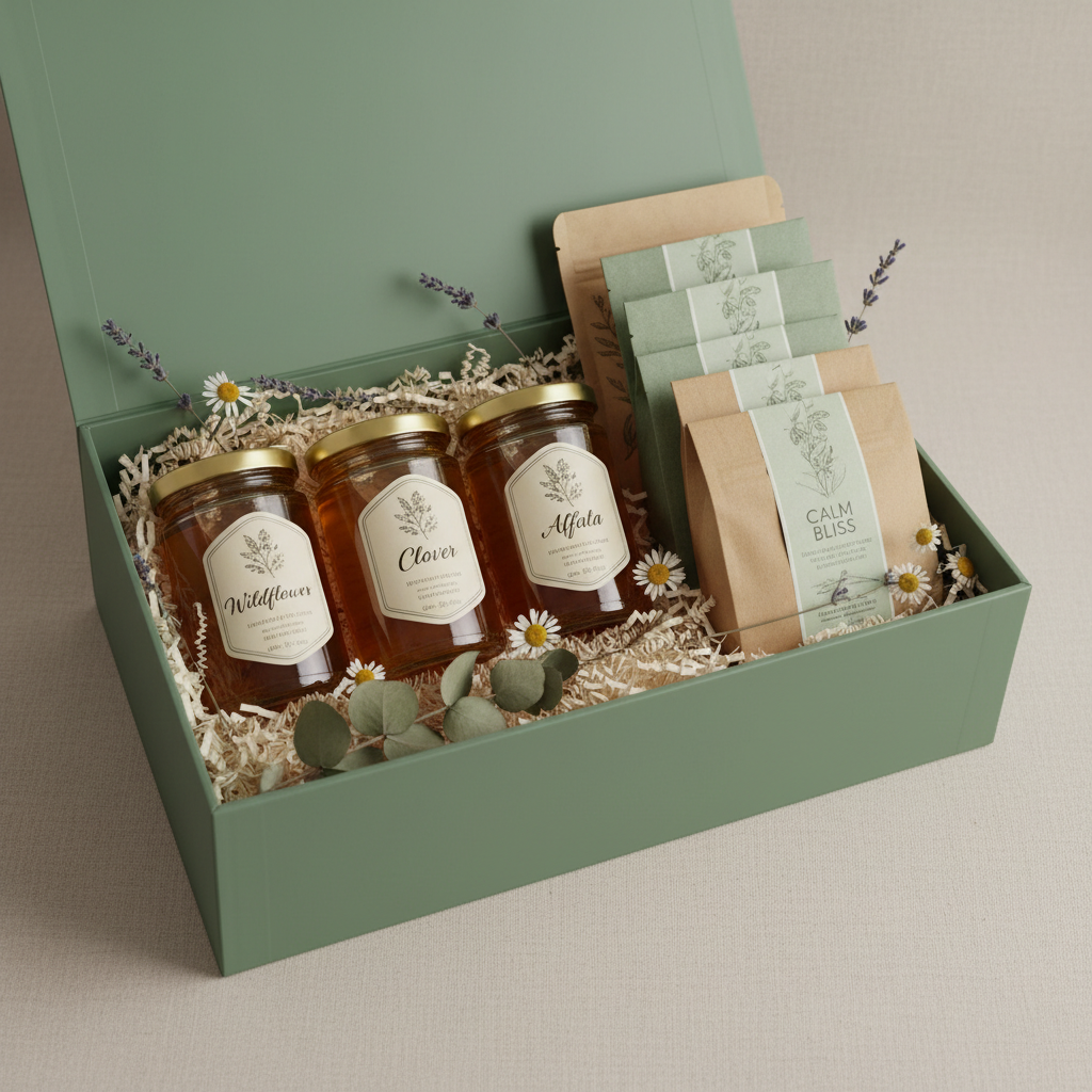 Create green wellness gift box to include these varieties of honey and herbal tea: Wildflower, Clover, Alfalfa
