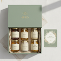 Create green wellness gift box with Aura Wellness design to include 5 pure varieties  of Classic Honey including Wildflower, Clover, Alfalfa, Crystallized, and Raw Unfiltered with honey tasting guide