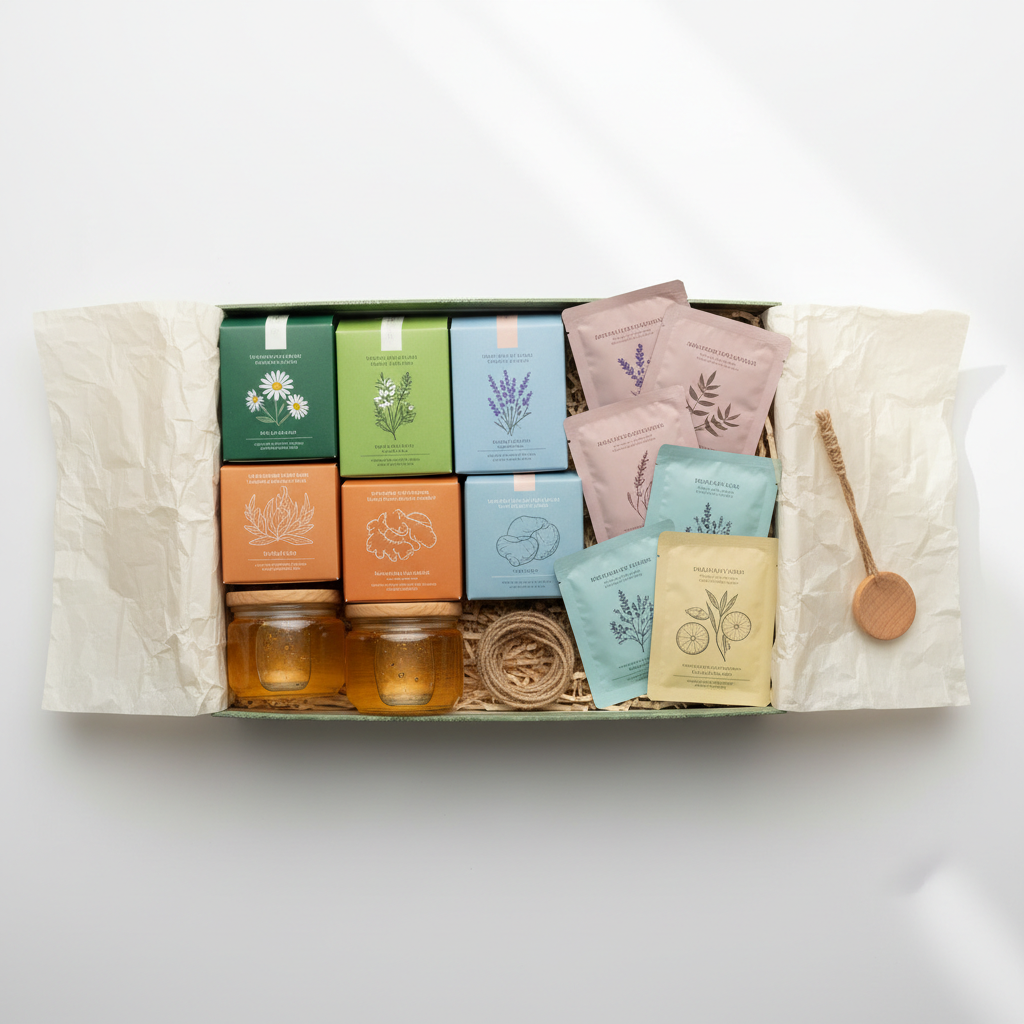Generate green gift box with mixed variety of wellness goods like honey, herbal tea and face mask