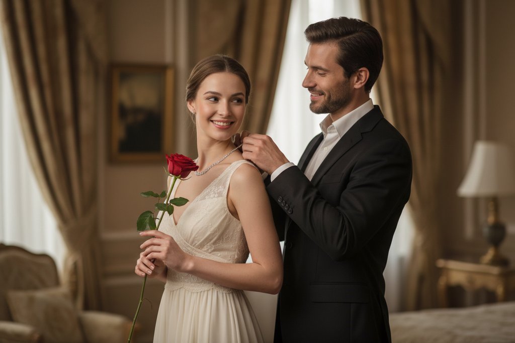 Generate image of a handsome man putting necklace on her lady's neck with a smile and the lady holding a red rose, very happy