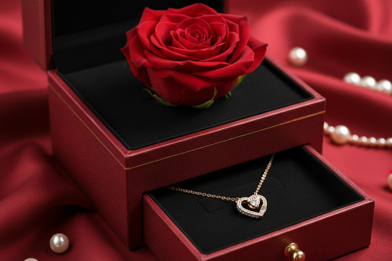 Generate image of a red rose in a red box with pullout drawer showing a love necklace